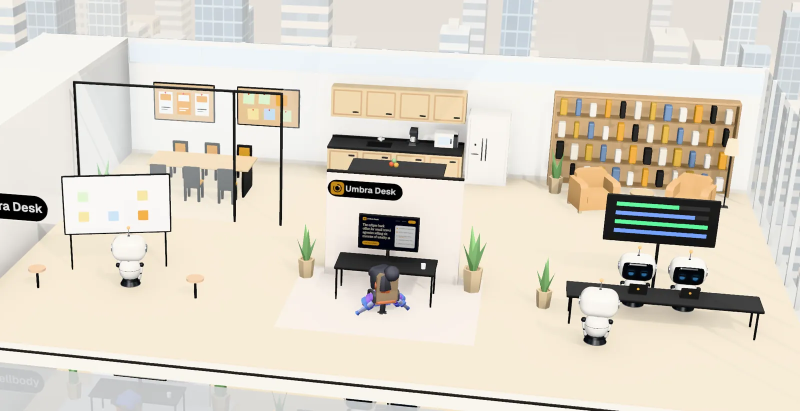 Umbra Desk’s office on floor 2 of Tower 2: the owner’s desk with the website on screen, the agents’ bench, a meeting room and a library